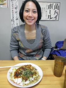 As I mentioned, our first stop was at an okonomiyaki restaurant at the Hiroshima train station. Okonomiyaki originated in Osaka and most people like to call it a Japanese pancake. It does have dashi (fish) flavored batter that is mixed with cabbage and other vegetables as well as different meat, usually pork or shrimp. It is then topped with mayonaise, okonomiyaki sauce and fish flakes. Hiroshima okonomiyaki, or Hiroshimayaki, is also fried with soba noodles. I admit I prefer the Hiroshimayaki.