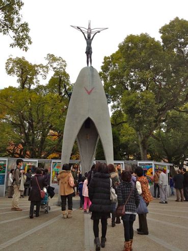 This is the Children's Peace Monument devoted to the memory of Sadako Sasaki. Sasaki folded 664 paper cranes herself and her friends helped her reach her goal of 1,000. The Peace Museum contains a few of her cranes, and also has the folding paper that was sitting next to her bed, that she had prepared in order to make more cranes. The sight of those little square pieces of paper nearly brought me to tears.